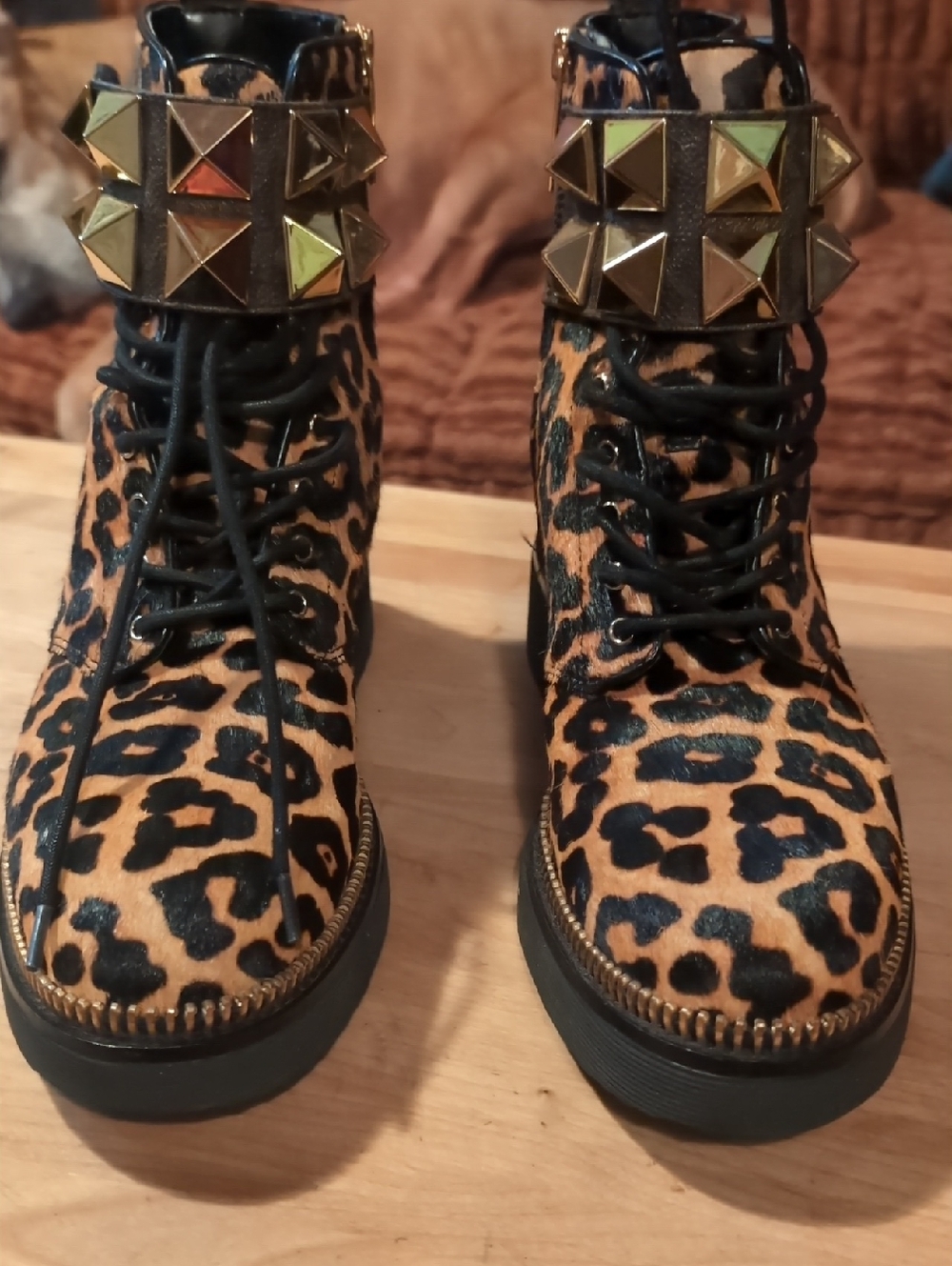 Michael Calf Hair Print Ankle Boots with Gold Stud Cuffs